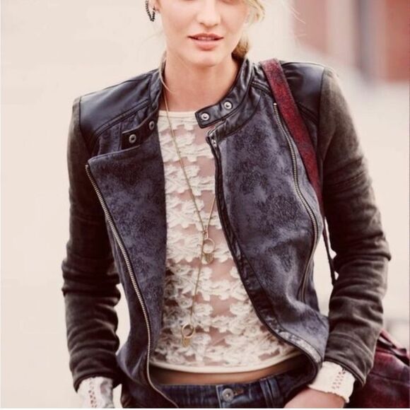 Free People Rugged Pieced Faux Leather Trim Moto Jacket Size 10 Mixed Media - Picture 1 of 7